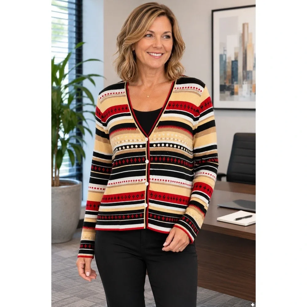 St Johns Bay Cardigan Sweater L Lambswool Fair Isle Southwest Boho Button Front